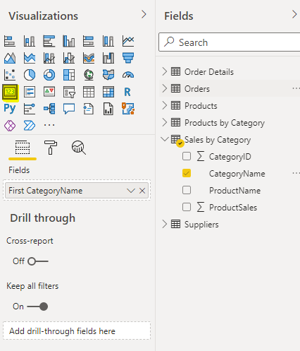 Add the CategoryName column from the Sales by Category table