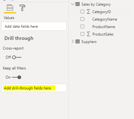 drop the CategoryName column in the  Add drill-through fields here field