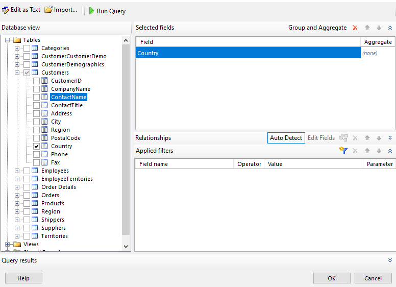 add the Country column to our query designer and then click the OK button.