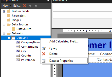 right-click Dataset1 and then Dataset Properties as shown below