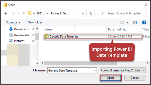 Importing Power BI Date Template