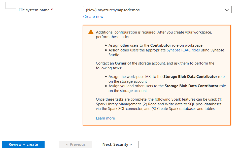 additional configurations for providing permissions to other users on the synapse workspace.